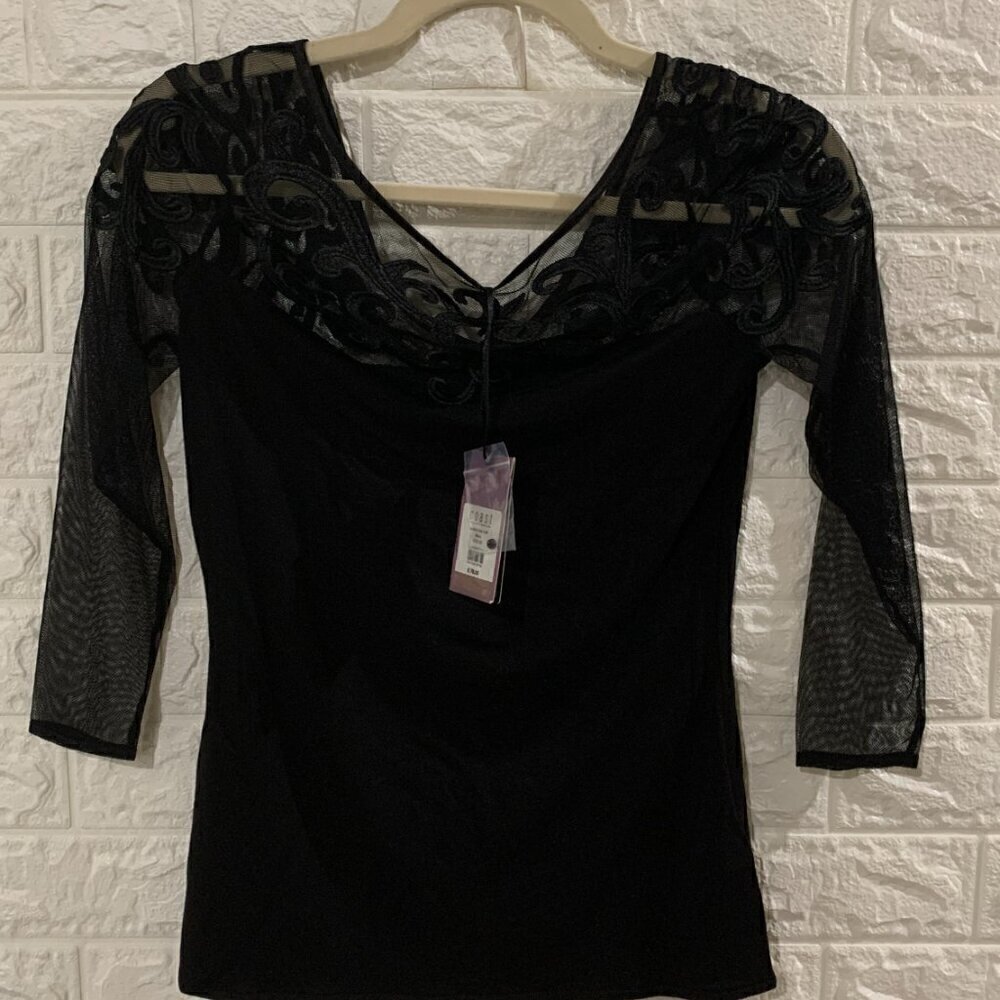 BRAND NEW WITH TAG | CASUAL | SEMI FORMAL LACE MESH TOP | EMBROIDERED | BLACK |